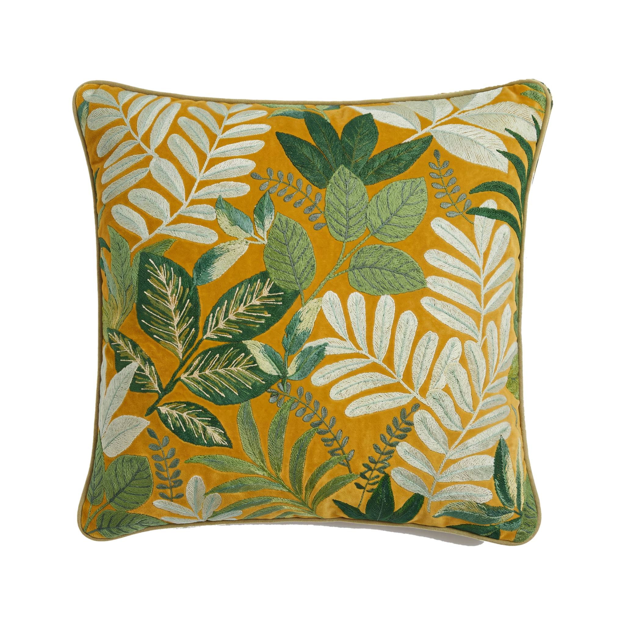 Cojín Motivos Botánicos Bordados Mostaza
